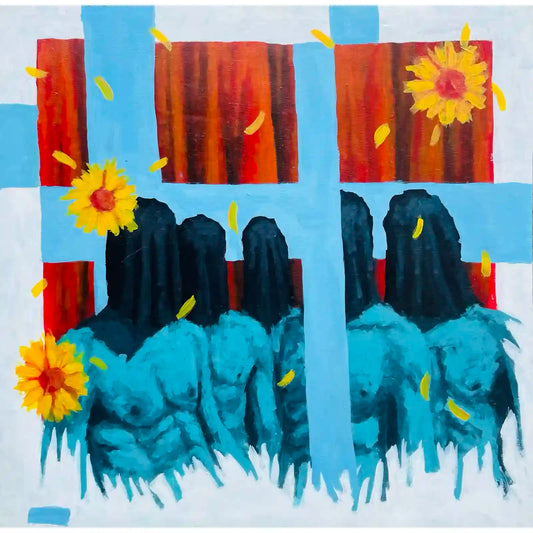 They All Died acrylic on canvas painting by Mujahid Alhadi featuring draped figures, sunflowers and bold geometric colors
