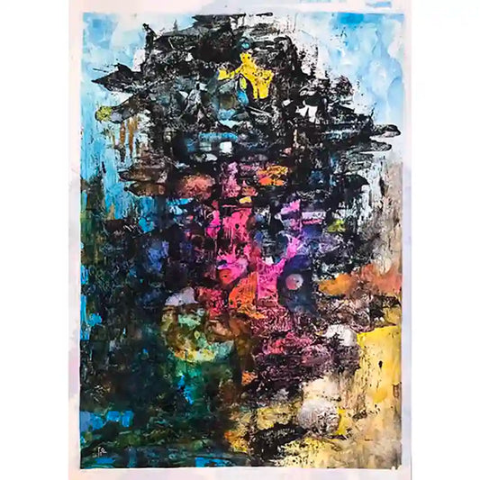 
Vagueness abstract painting by Samir Shareef - textured acrylic on paper with bold black forms and vibrant color bursts