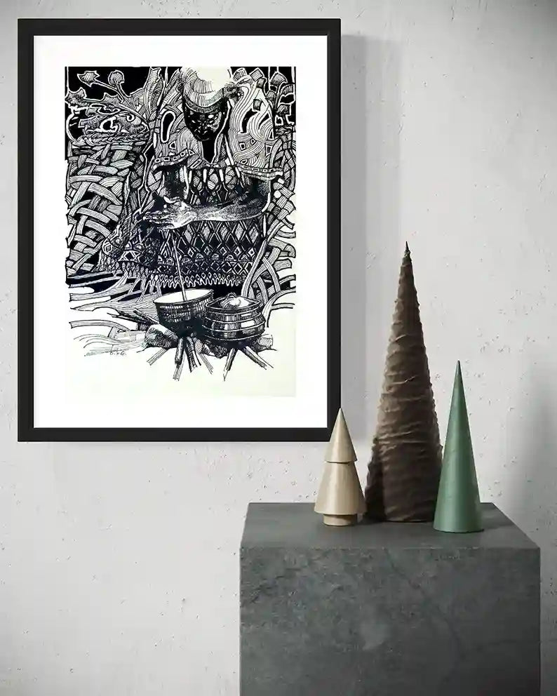 Woman and Cooking Pot framed art by Obada Gabir in modern interior, Sudanese ink drawing home decor wall art mockup 